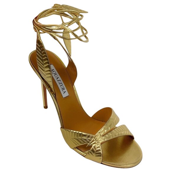 Aquazzura Shoes - Aquazzura Gold Metallic Leaf 105 Leather Ankle Wrap Sandals